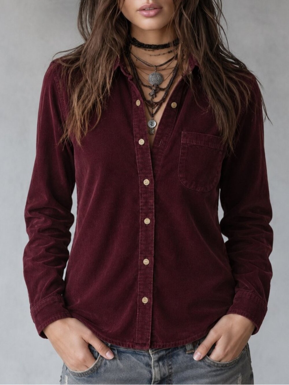 JACHS Girlfriend Burgundy Corduroy Button Down Shirt